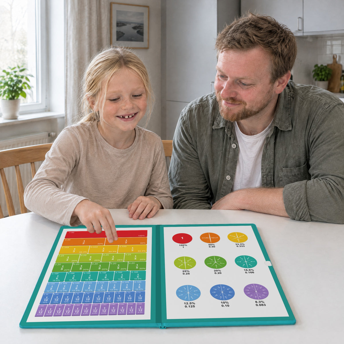A girl and her dad building fractions at the kitchen table