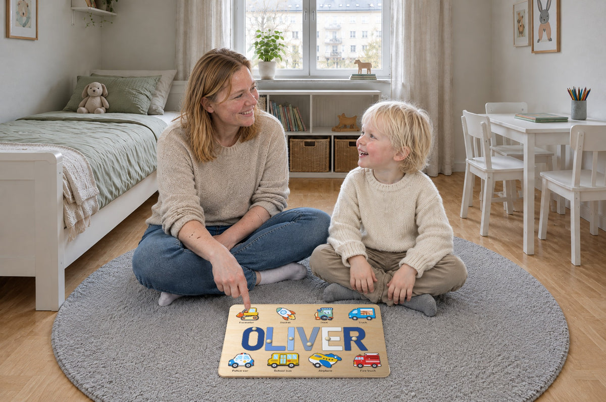 Mum and son fitting the letters of his name into the board on the living room floor