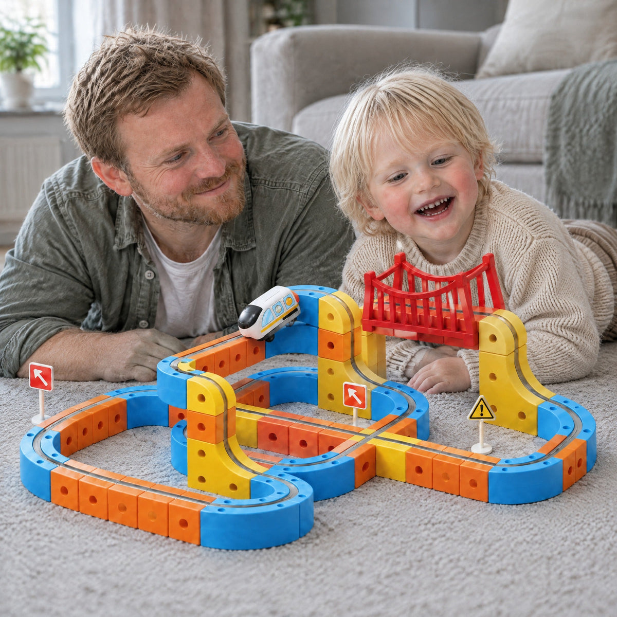 Eine Familie baut die magnetische Eisenbahn