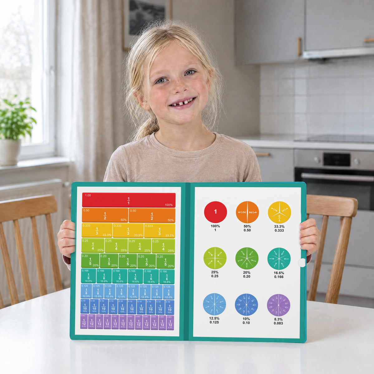A girl holding up the open fraction board